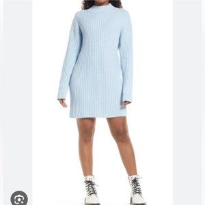 BP Mock Neck Long Sleeve Cotton Blend Rib Sweater Dress Blue